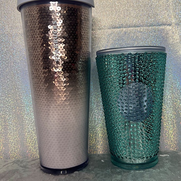 2 Starbucks cups large and regular sequins blush rose gold turquoise dotted - Picture 1 of 5